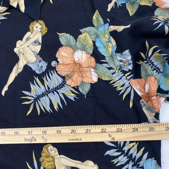 Pierre Cardin Hawaiian Shirt Mens XL Black Tropical Floral Sexy Lady Button Down - Picture 6 of 9